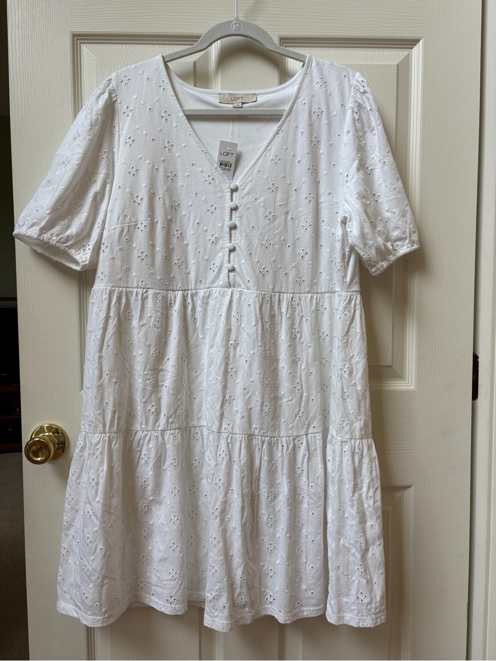 LOFT White Eyelet V-Neck Tiered Dress